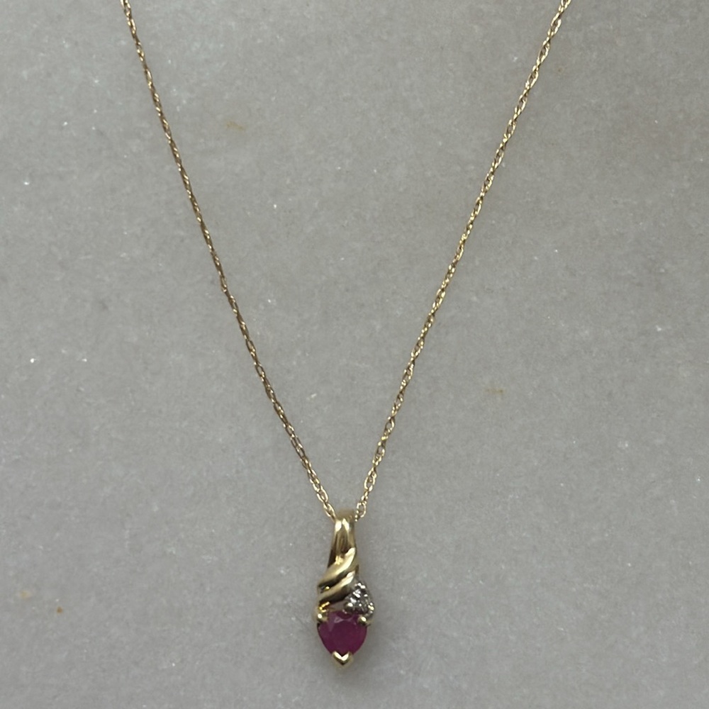 10k Solid Gold Ruby & Diamond Pendant Necklace - image 2